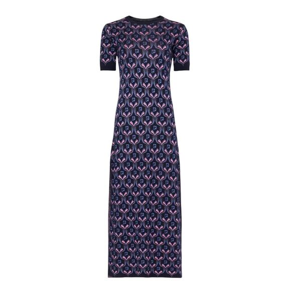 Paco Rabanne Blue Logo Knit Midi Dress MEDIUM Bodycon Career Wool Designer $940 - Picture 8 of 13